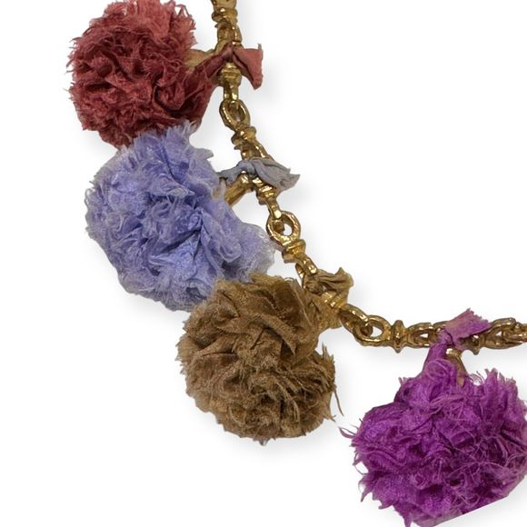 Vintage Sari Silk Multi Color Pom Pom Gold Chain Necklace - Picture 3 of 8